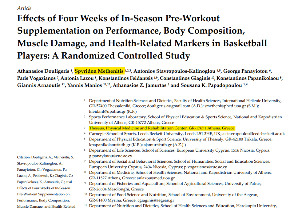 Effects of Four Weeks of In-Season Pre-Workout Supplementation on Performance, Body Composition, Muscle Damage, and Health-Related Markers in Basketball Players: A Randomized Controlled Study